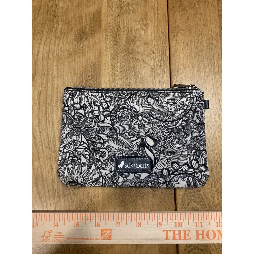 Sakroots Spirit Desert Embroidered Zippered Pouch ~ Black & White Floral Design